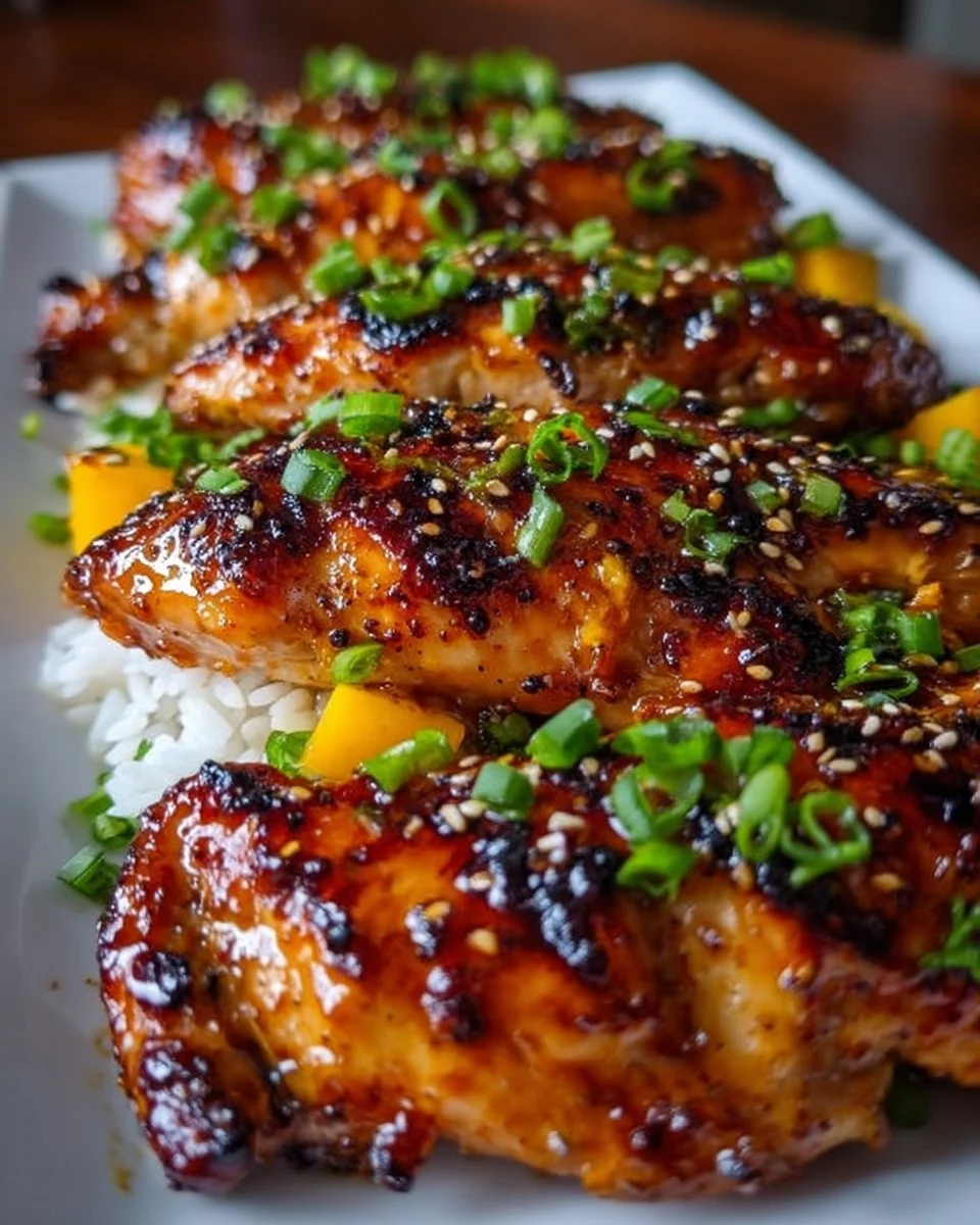 Delicious mango glazed chicken served with fresh vegetables