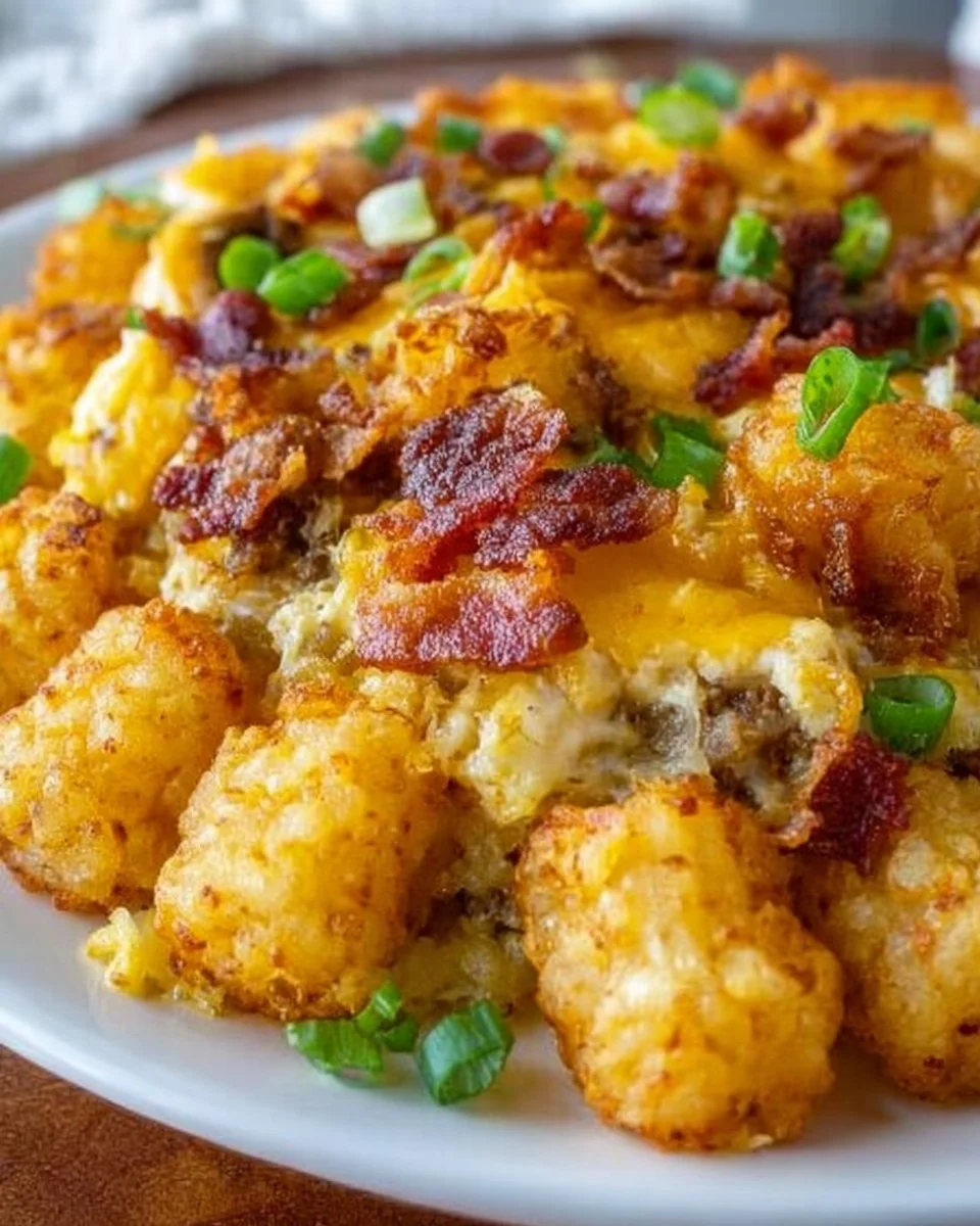 Delicious Tater Tot Breakfast Casserole topped with cheese and veggies