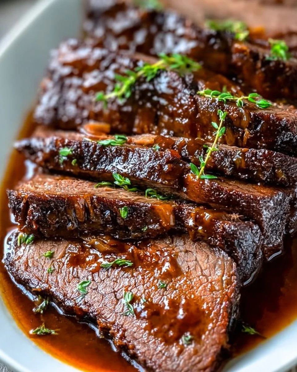 Tender slow cooker brisket served with vegetables and sauce