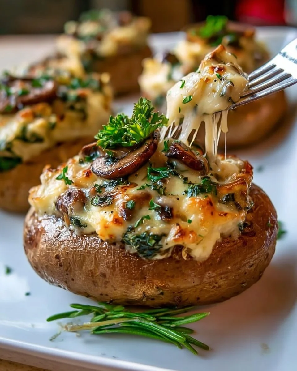 Veg stuffed baked potatoes with mushrooms served on a plate
