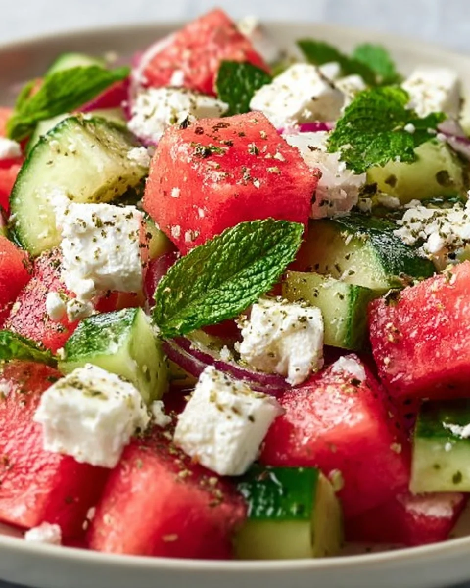 A vibrant Watermelon Cucumber Feta Salad with fresh ingredients and bright colors.