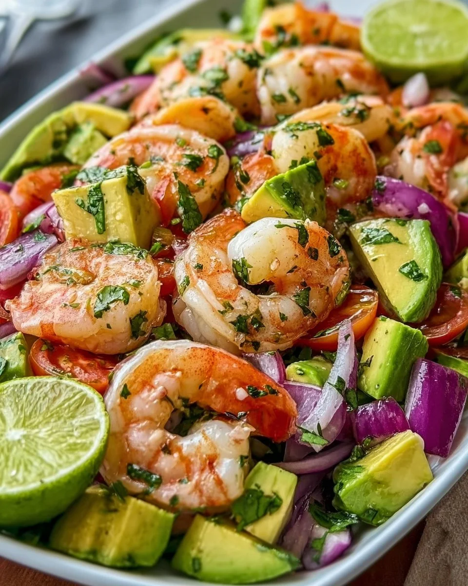 Zesty lime shrimp salad with avocado and fresh vegetables