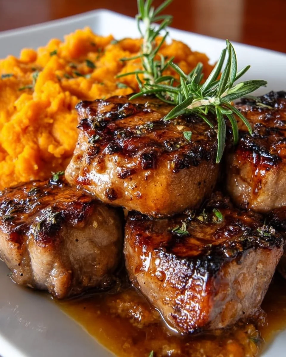 Delicious Apple Cider Pork served with creamy mashed sweet potatoes.