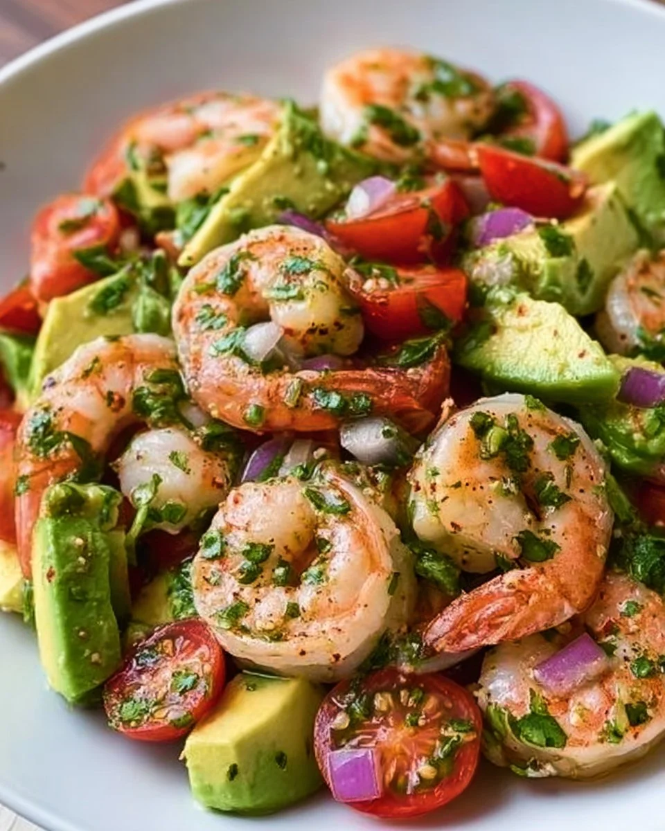 Delicious Avocado Salsa Shrimp Salad garnished with fresh ingredients