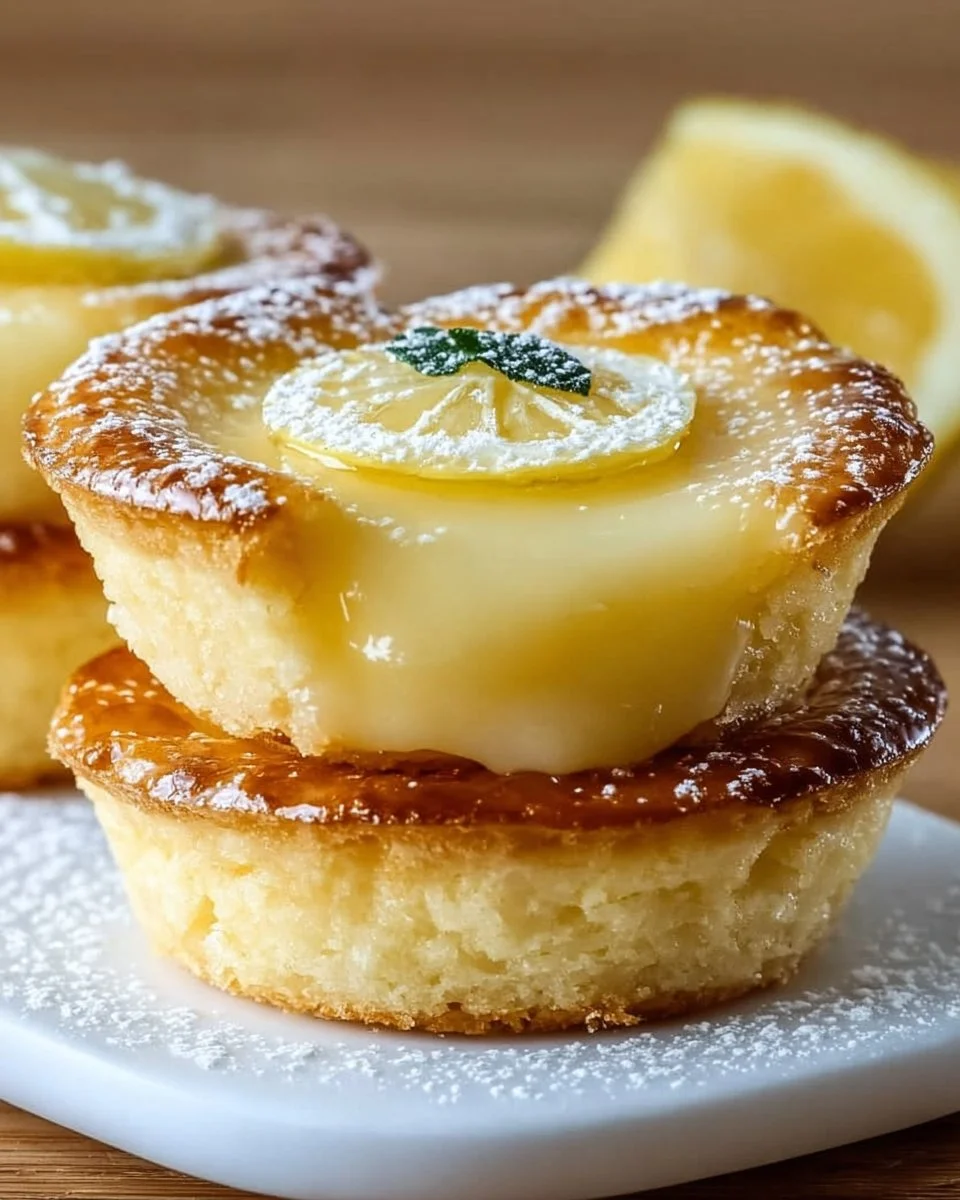 Delicious Baby Lemon Impossible Pies served on a wooden table
