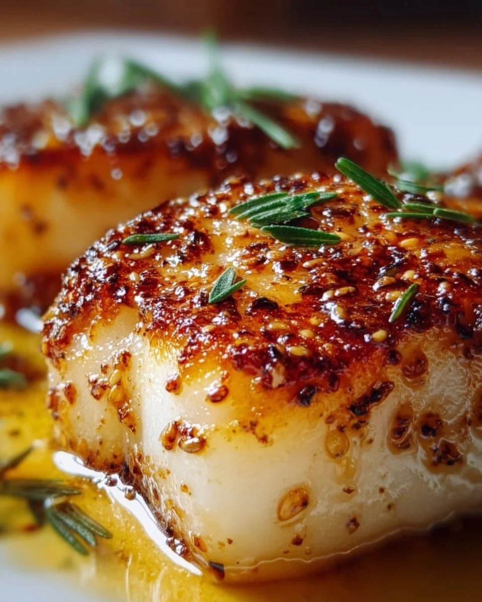 Baked honey marinated cod with herbs and spices on a plate