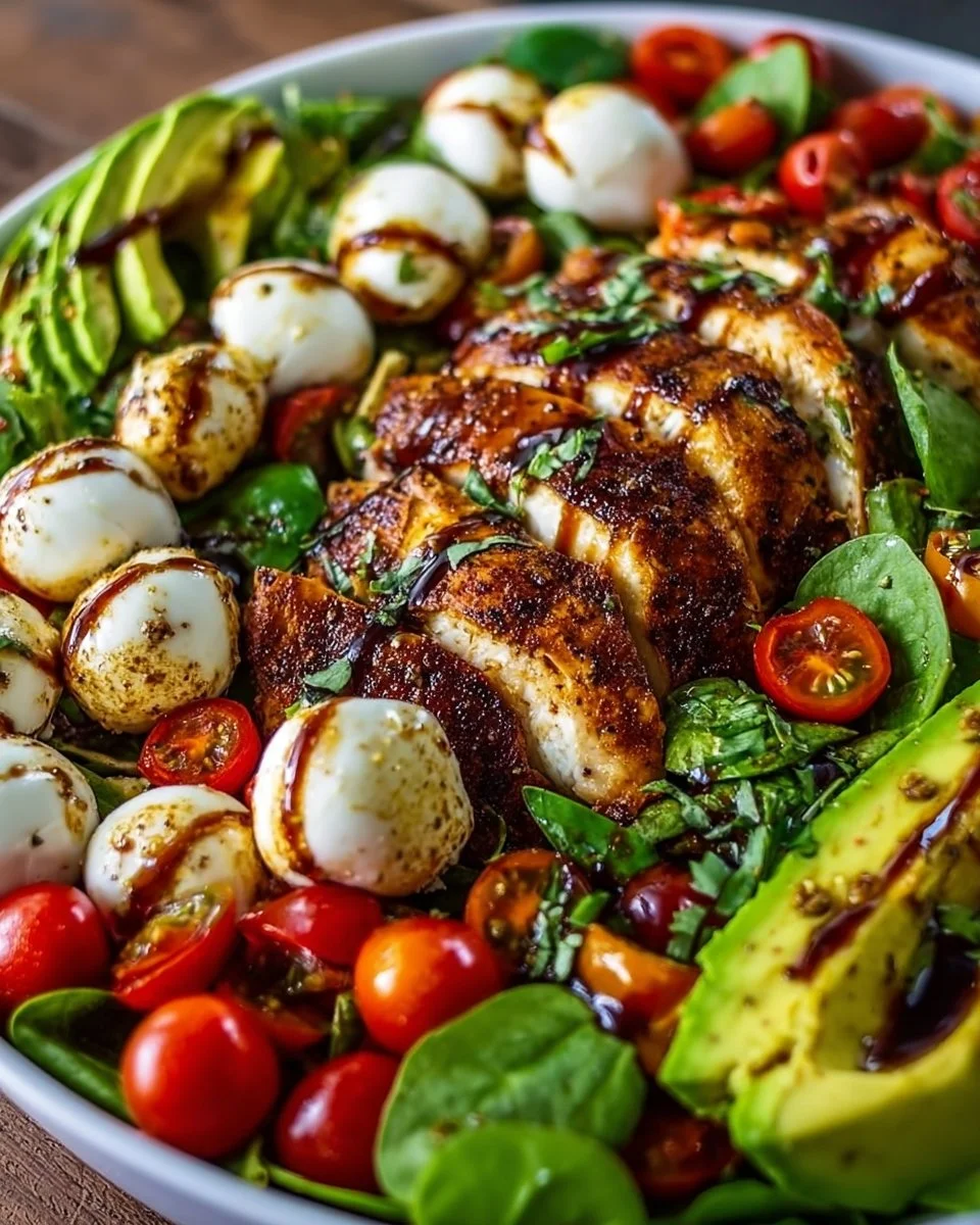 Baked Marinated Chicken Salad with Mozzarella and Balsamic Vinaigrette served in a bowl.