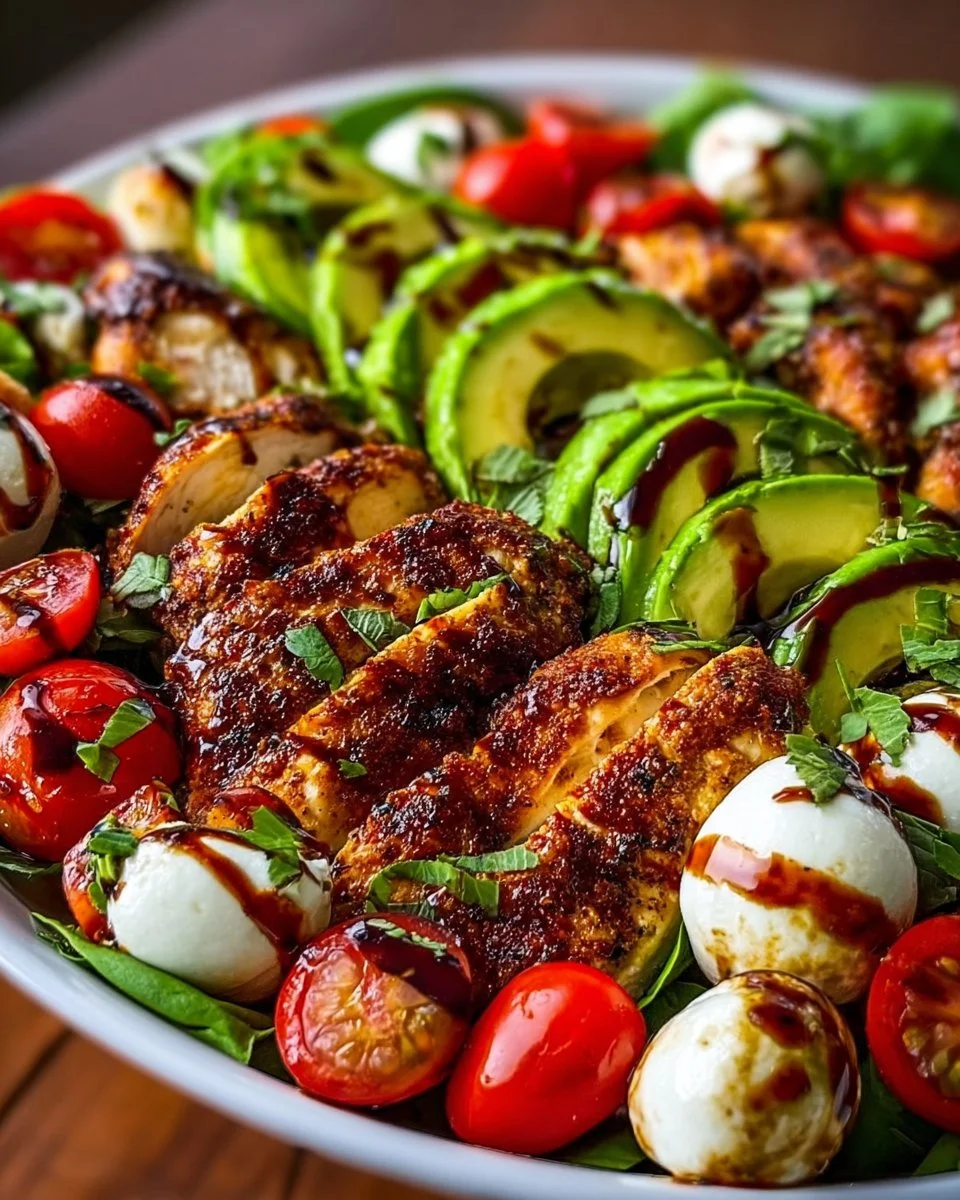 Baked marinated chicken salad with mozzarella and balsamic vinaigrette