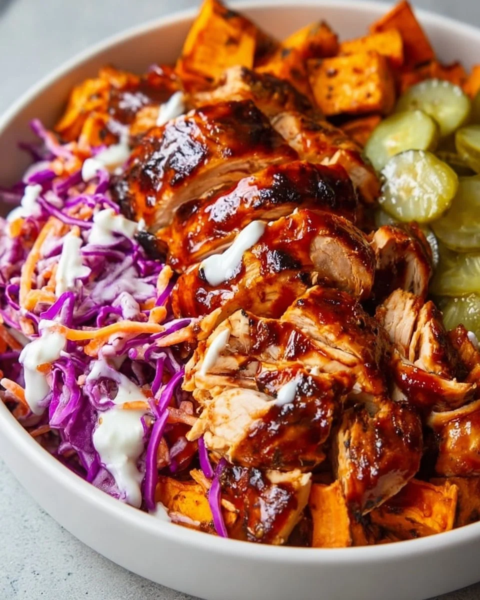 A delicious BBQ chicken bowl with grilled chicken, rice, and colorful vegetables.