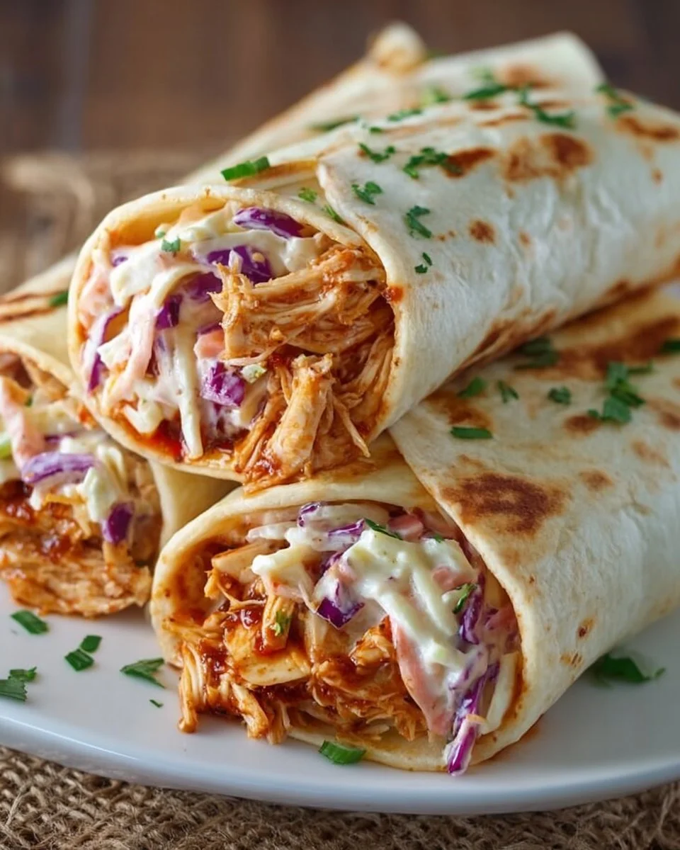 BBQ Chicken Coleslaw Wraps served on a plate with fresh ingredients