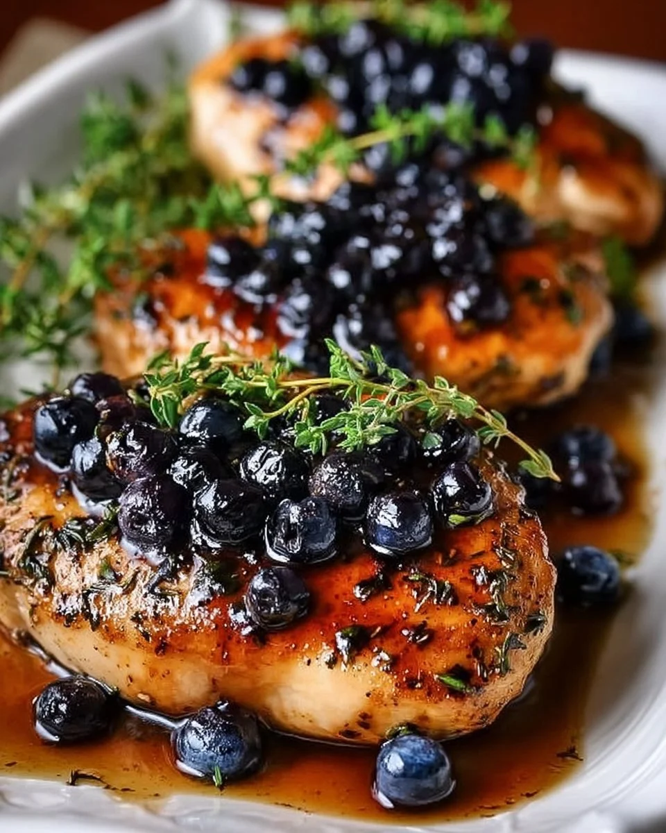 Delicious blueberry thyme chicken served on a plate with fresh herbs and berries.