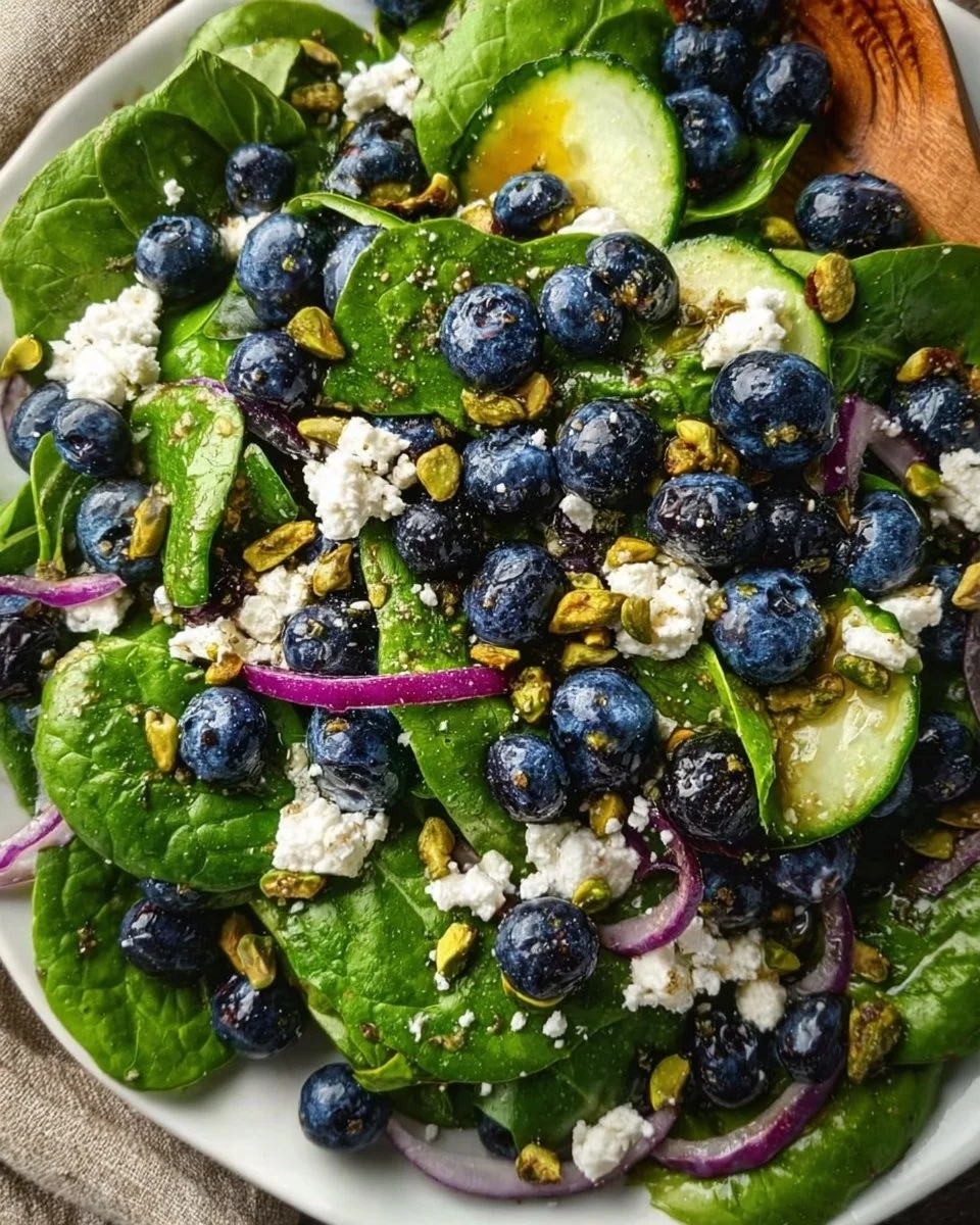 Blueberry Pistachio Spring Salad with fresh greens and vibrant toppings