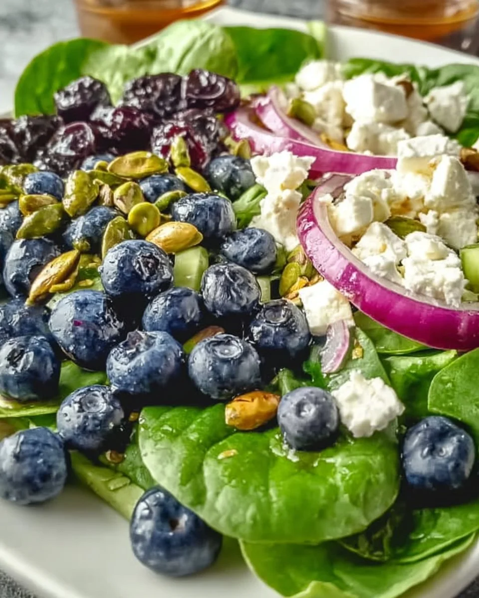 Colorful Blueberry Pistachio Spring Salad with fresh greens and berries