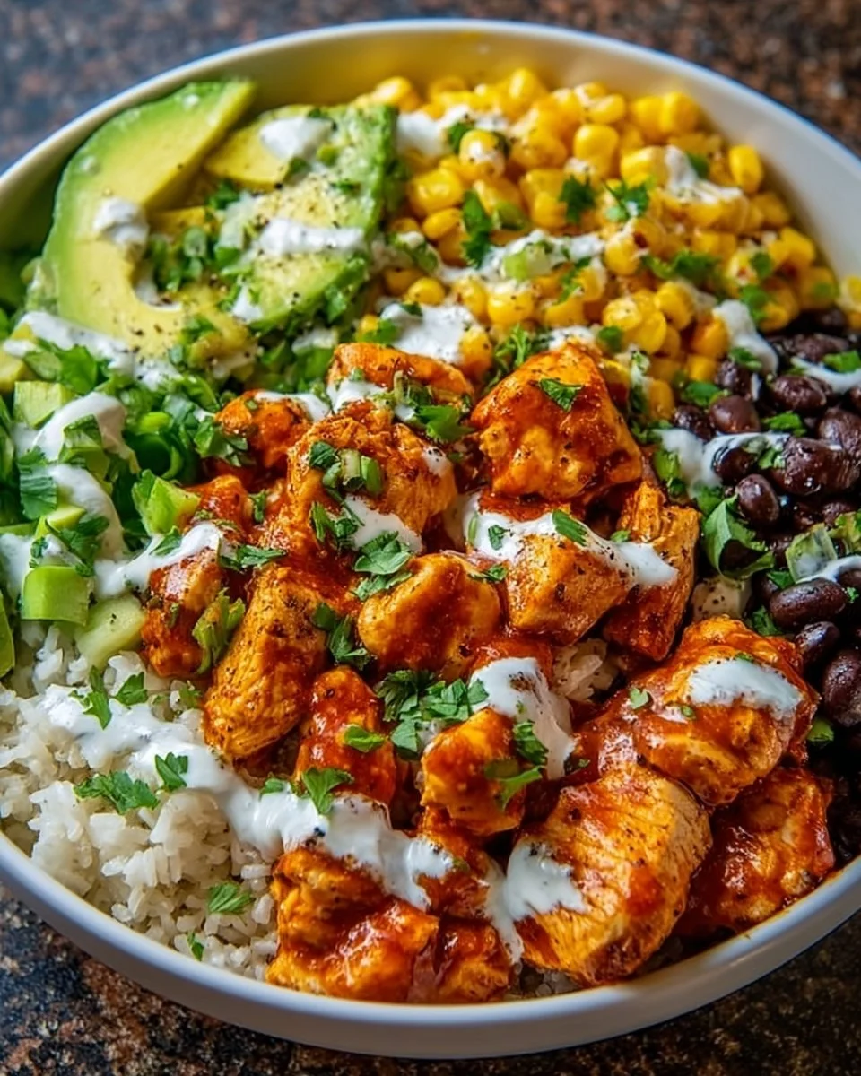 Delicious Buffalo Chicken Bowl topped with fresh ingredients and spicy sauce