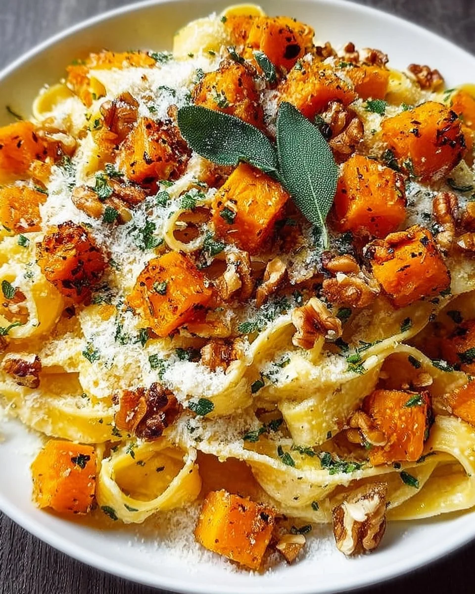 Butternut squash pasta served with sage and garnished with herbs
