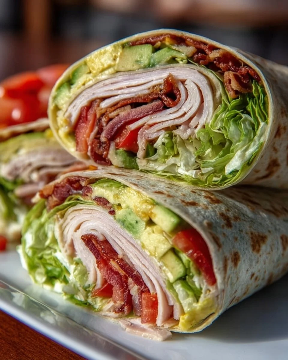 California Turkey Club Wrap filled with turkey, bacon, lettuce, and tomato in a wrap