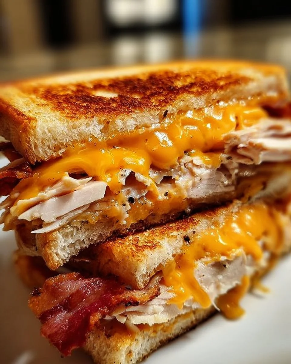 Cheddar and bacon turkey melt sandwich on sourdough bread, garnished for flavor.