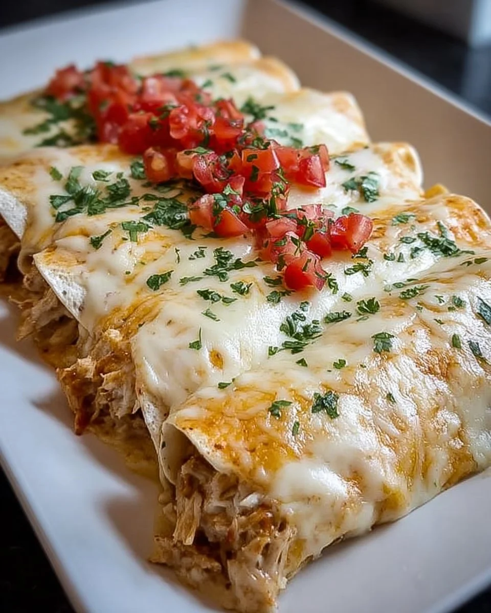 Delicious cheese chicken enchiladas topped with melted cheese and fresh ingredients