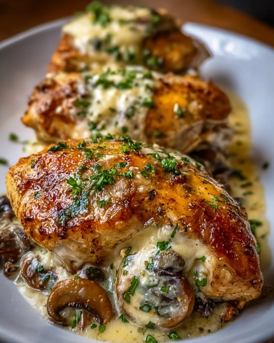 Cheesy garlic butter mushroom stuffed chicken on a plate ready to serve.