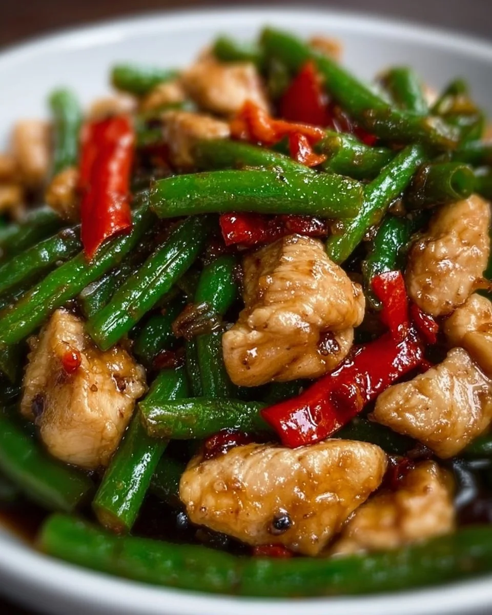 Delicious chicken and green bean stir-fry served in a vibrant bowl.