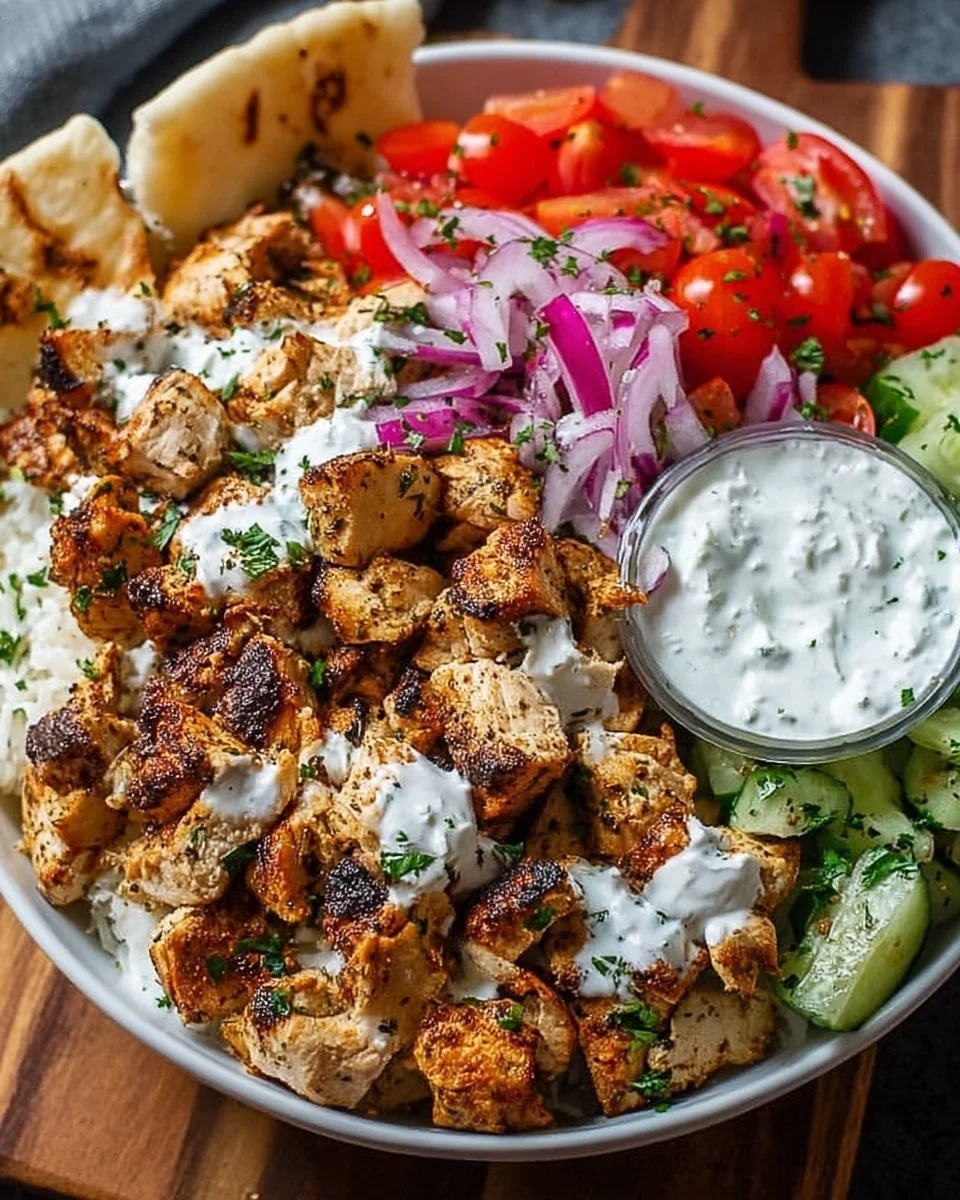 Delicious Chicken Gyro Bowl with marinated chicken, vegetables, and tzatziki sauce