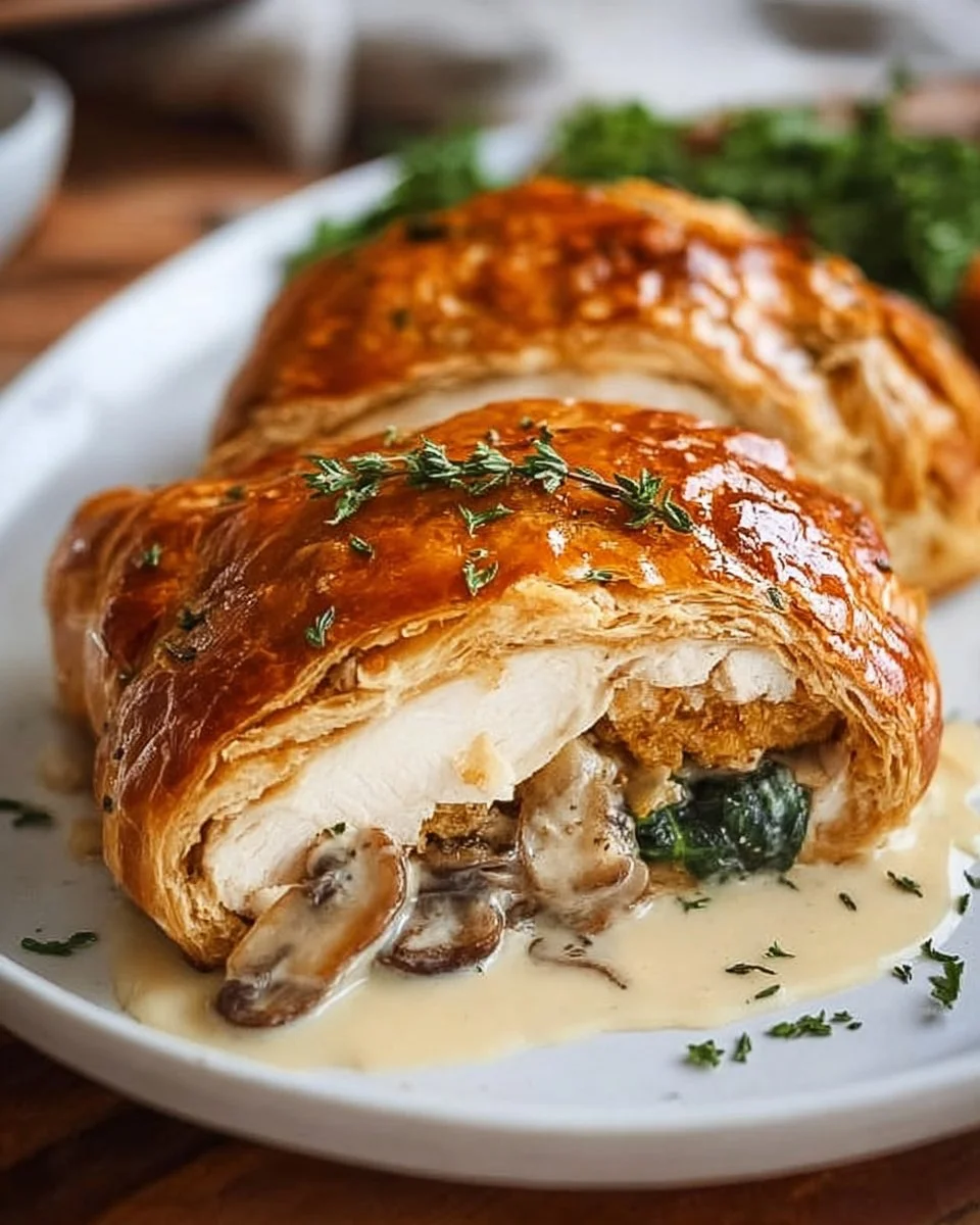 Delicious Chicken Wellington with flaky pastry and savory filling.