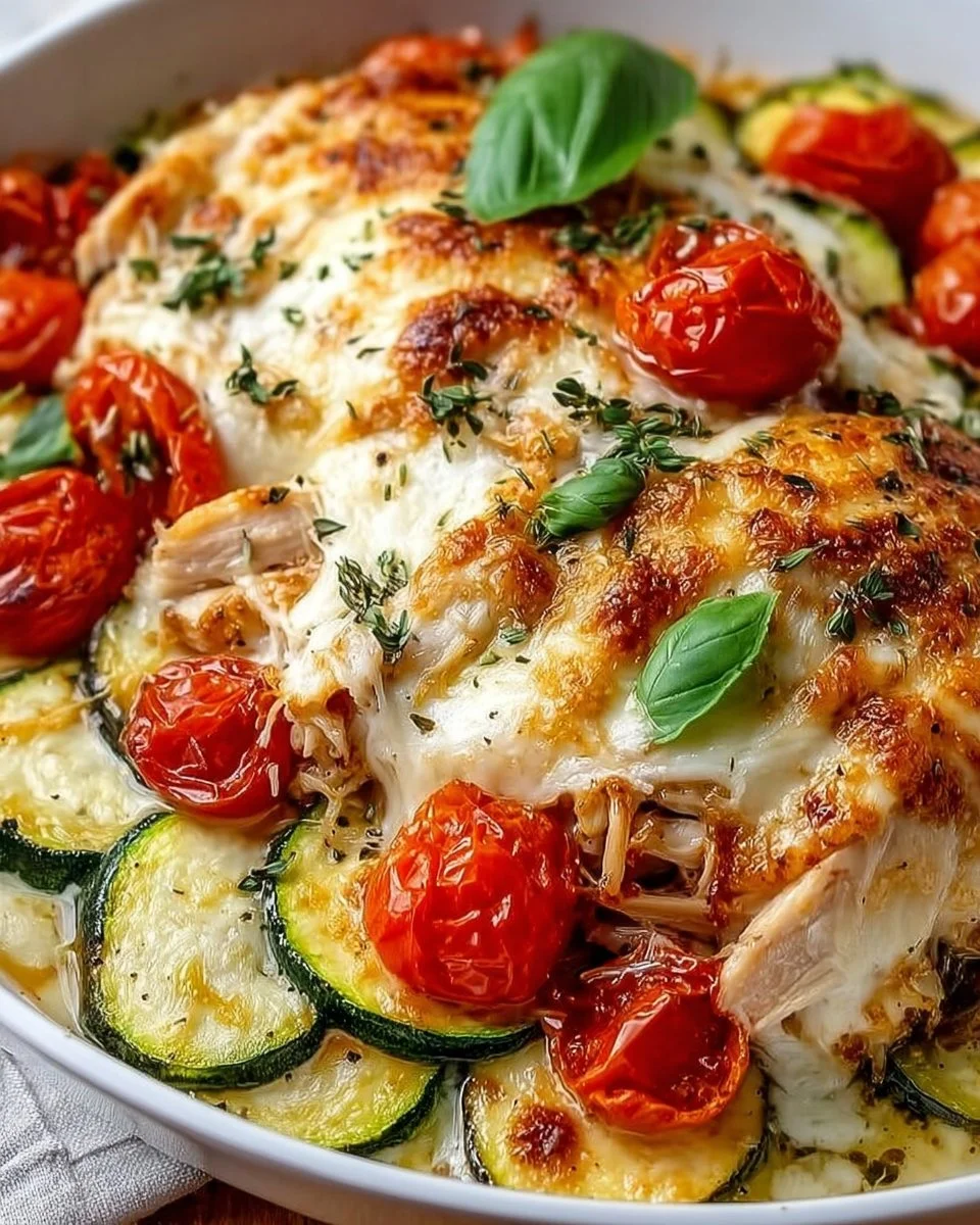 Delicious Chicken Zucchini Bake served in a casserole dish