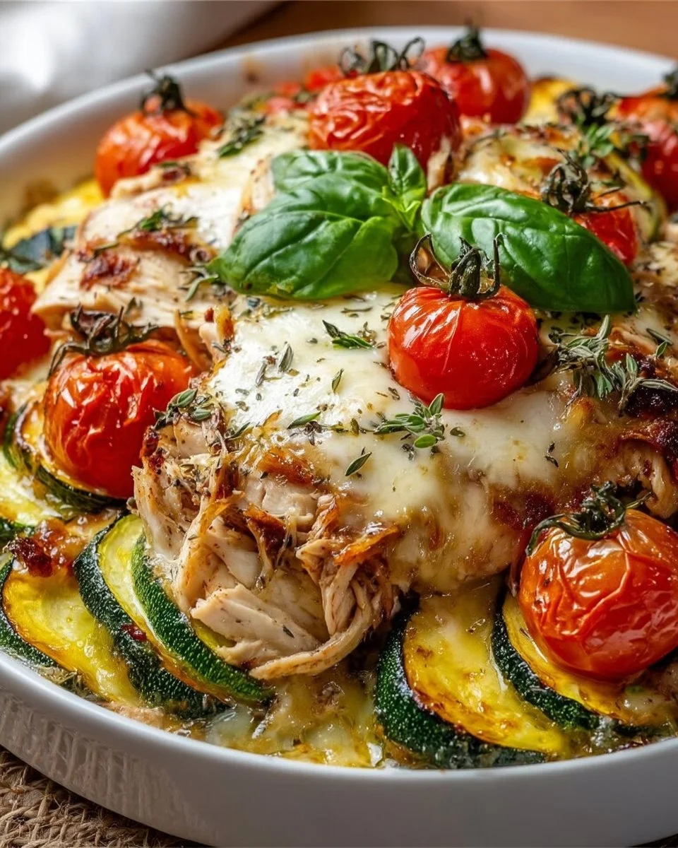 Healthy chicken zucchini bake dish topped with cheese, served in a baking dish.