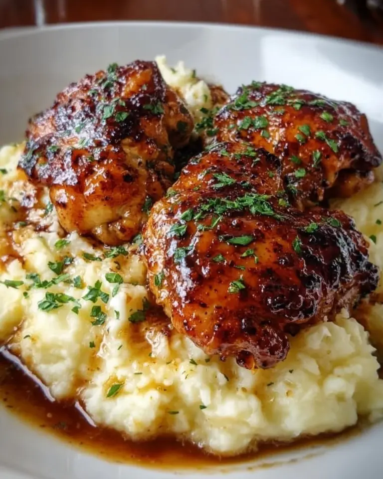 Chipotle Honey Chicken thighs with smoked gouda mashed potatoes served on a plate