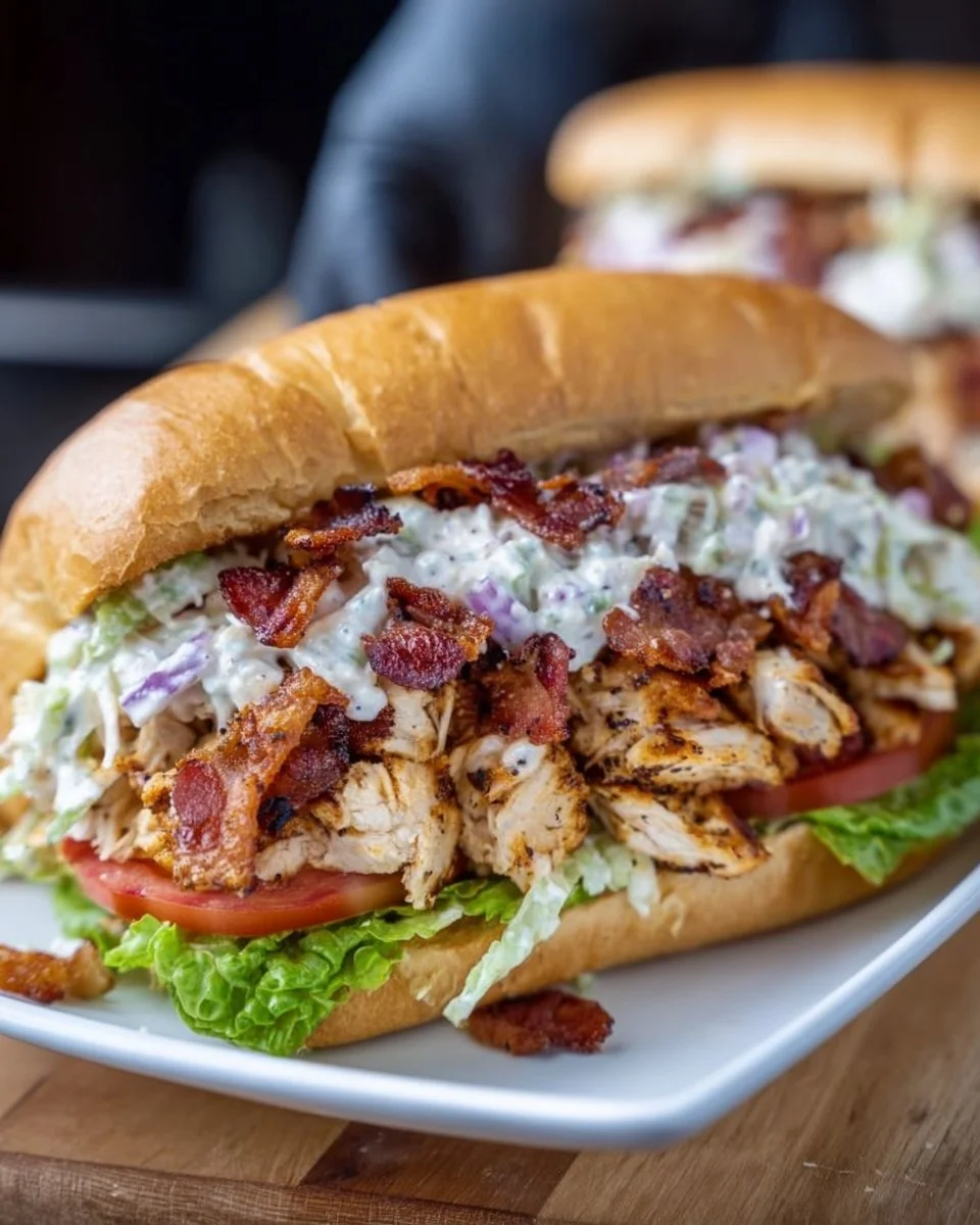 Chopped Chicken Bacon Ranch Sandwich with crispy bacon and ranch dressing