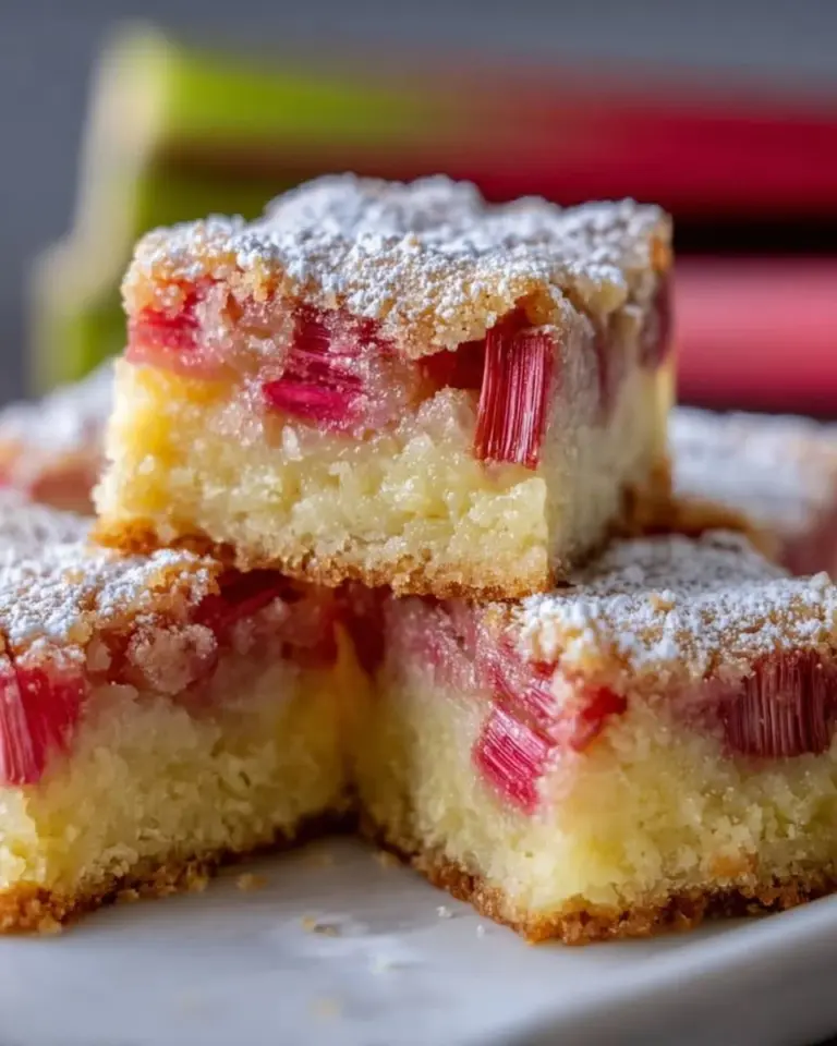 Delicious classic rhubarb custard bars with a buttery shortbread crust