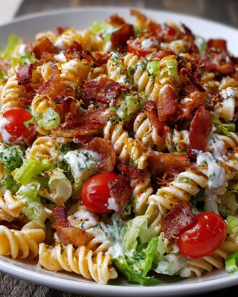 Delicious creamy BLT pasta salad topped with bacon and tomatoes