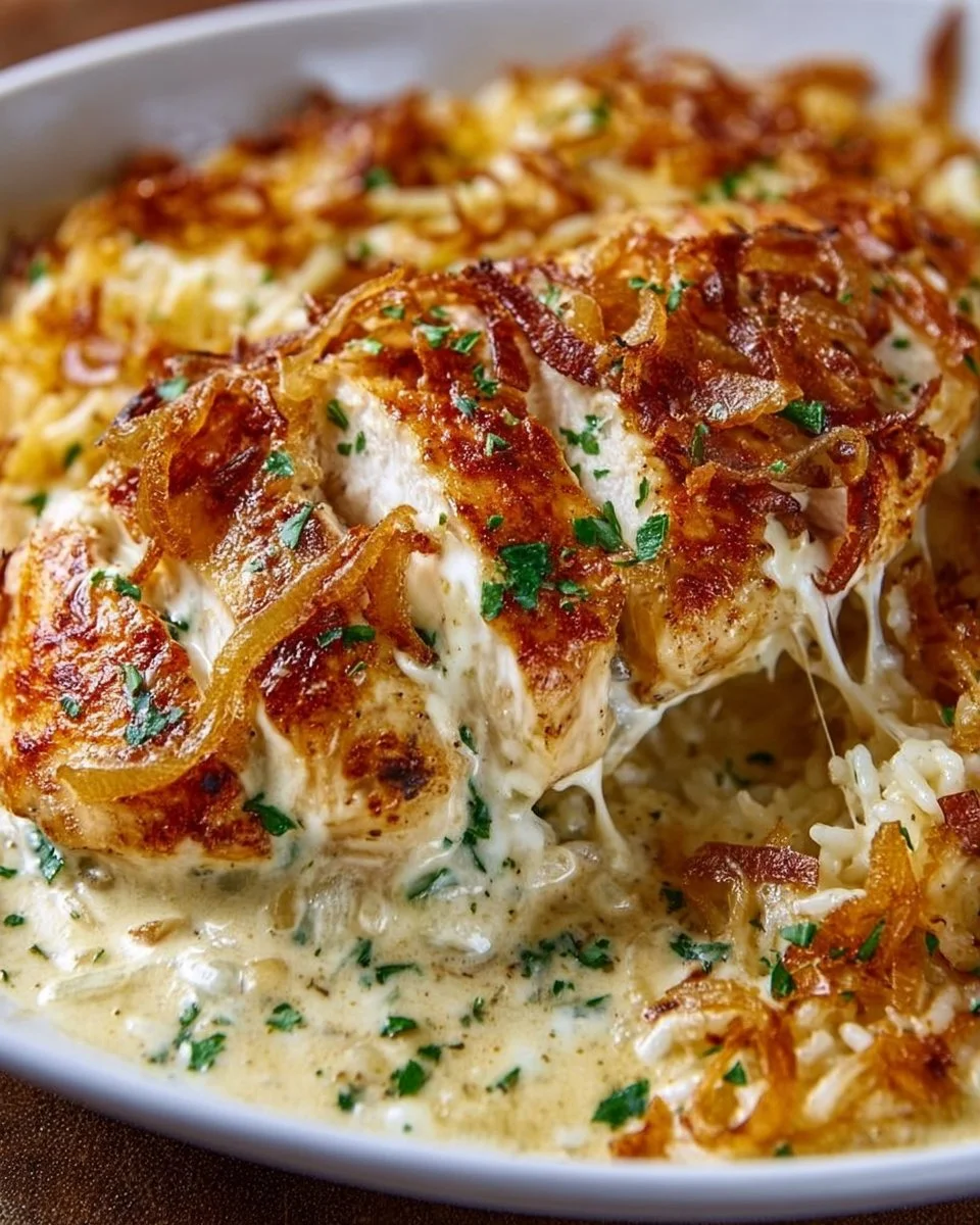 Creamy French onion chicken rice served in a bowl with herbs on top.