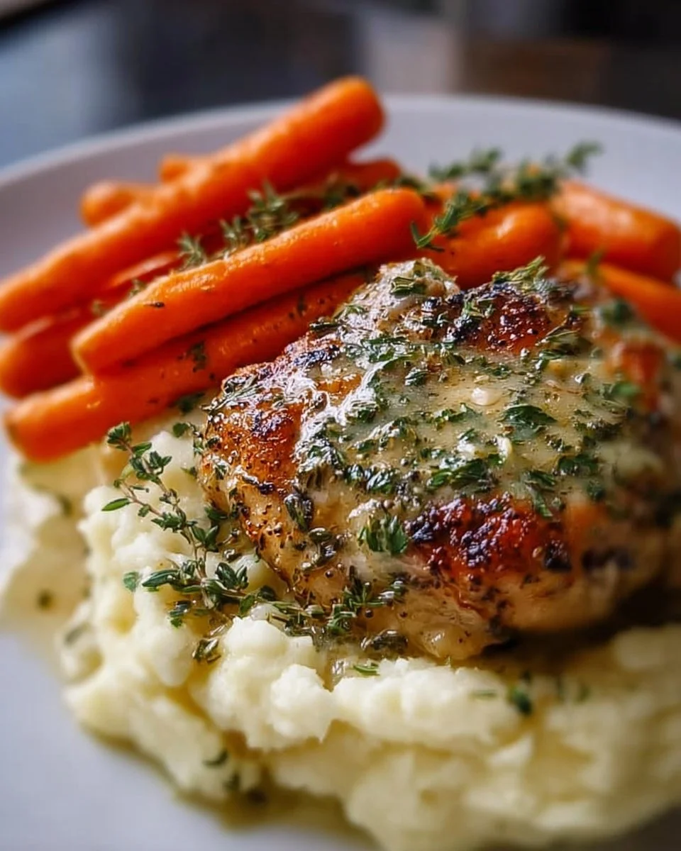 Creamy Herb Chicken served with mashed potatoes and honey glazed carrots