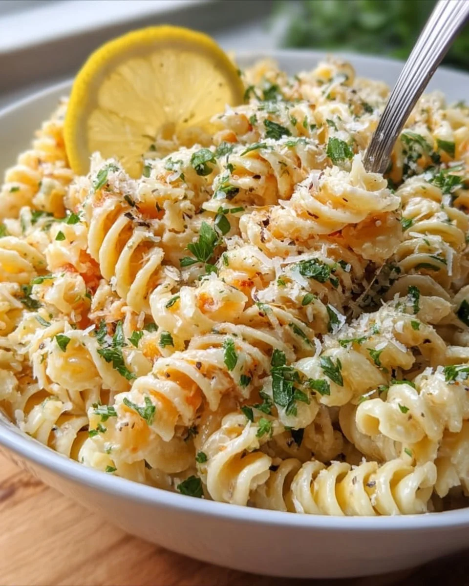 Delicious Creamy Lemon Parmesan Pasta Salad in a vibrant bowl.