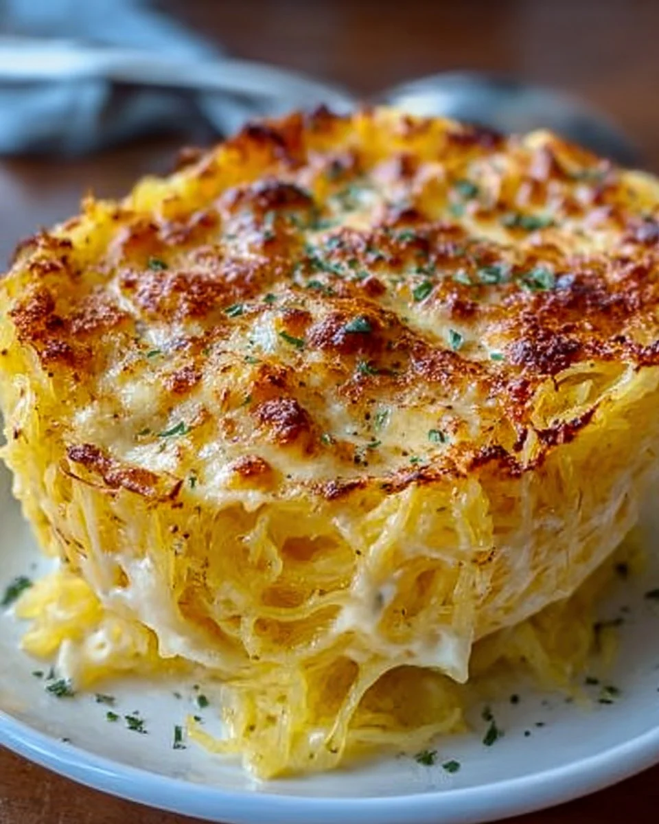 Creamy spaghetti squash au gratin dish with cheese and herbs
