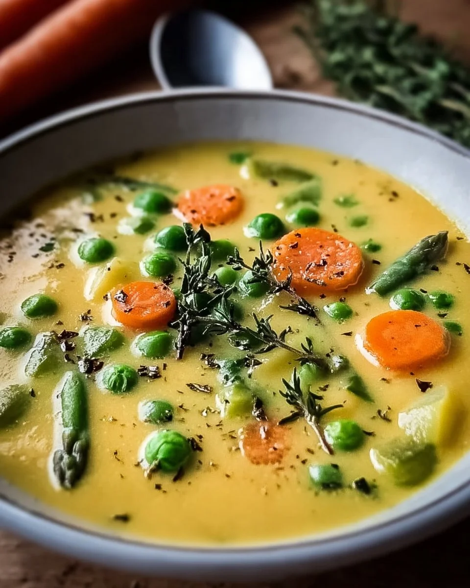 Bowl of creamy spring vegetable soup with vibrant vegetables and herbs