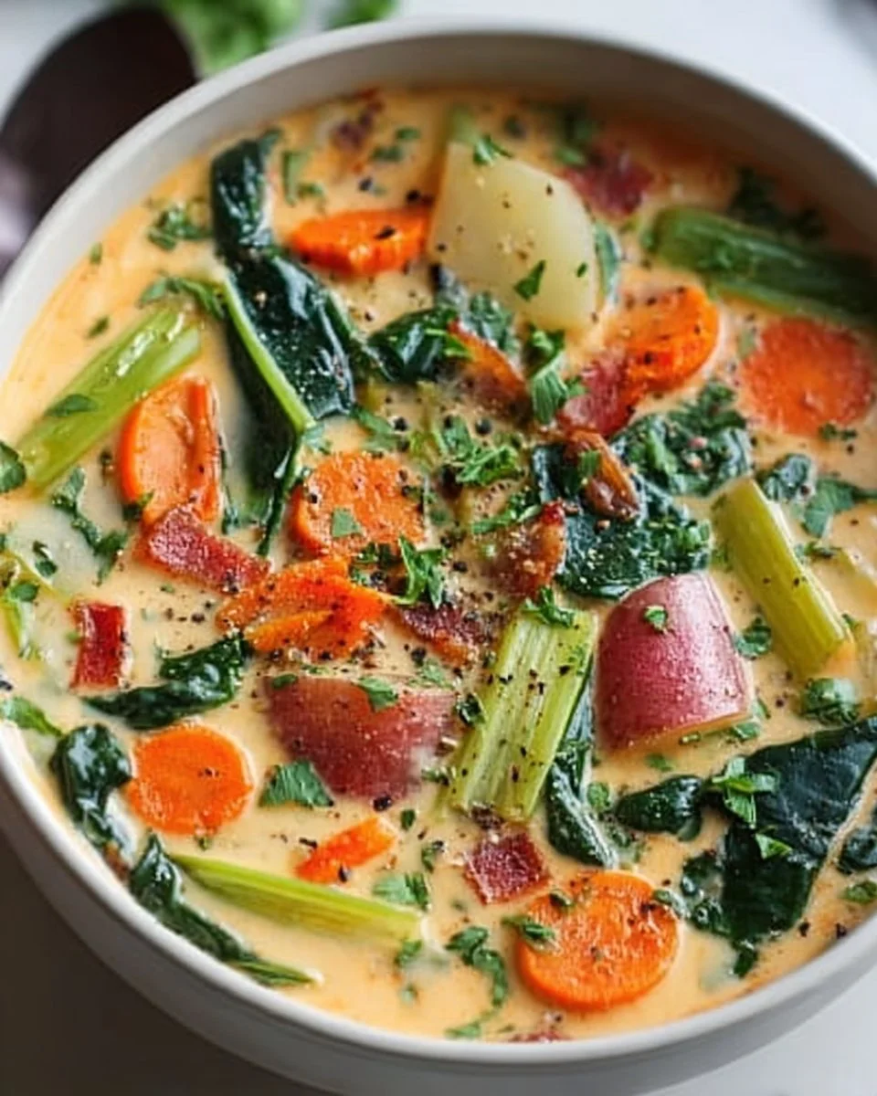 Bowl of creamy spring vegetable soup with fresh vegetables