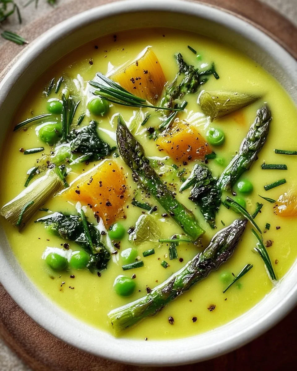 Creamy spring vegetable soup loaded with fresh ingredients and flavor