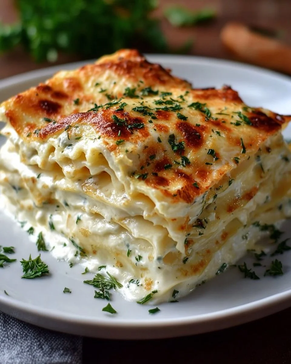 Creamy white lasagna topped with melted cheese and herbs