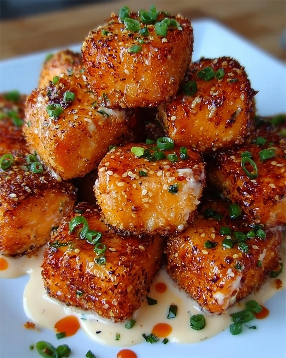 Crispy Bang Bang Salmon bites served on a plate with dipping sauce
