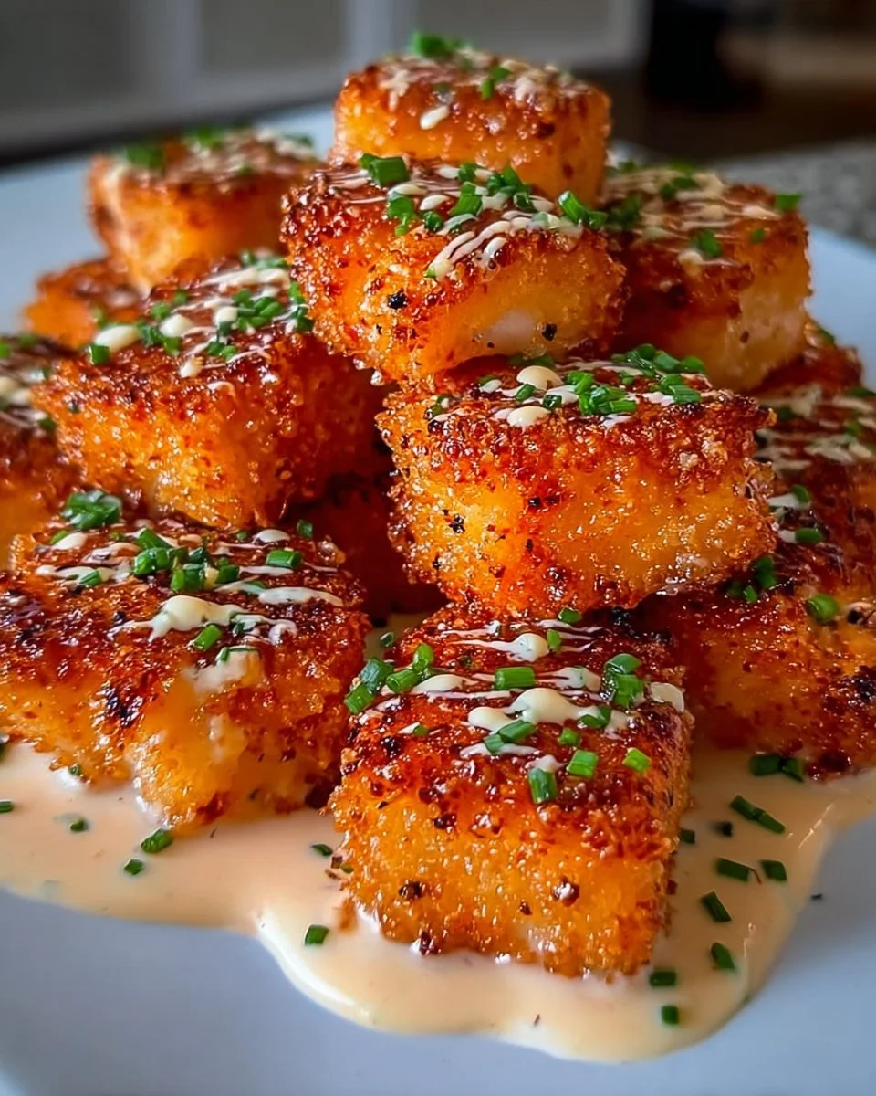 Crispy Bang Bang Salmon Bites arranged on a platter for serving.