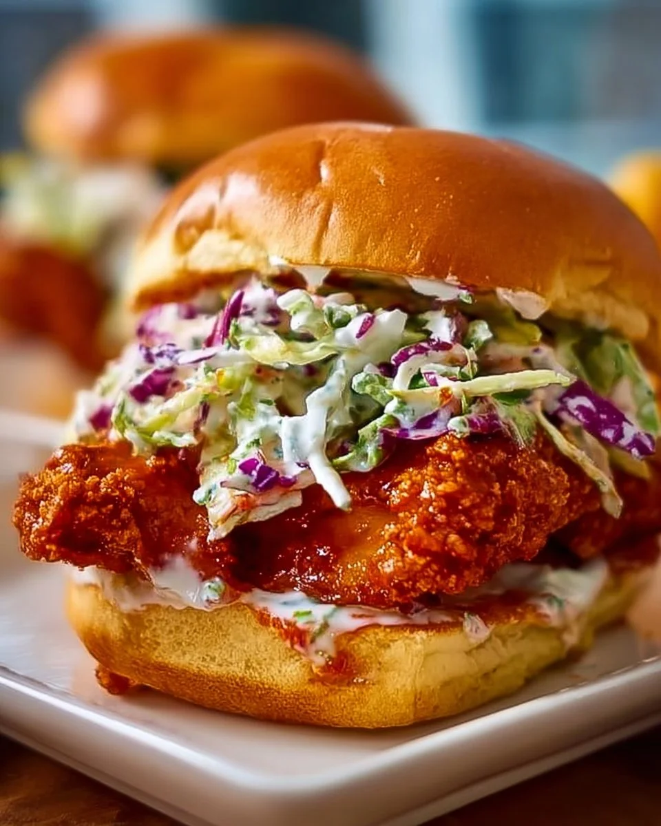 Crispy Buffalo Chicken Sandwich with Ranch Slaw on a plate