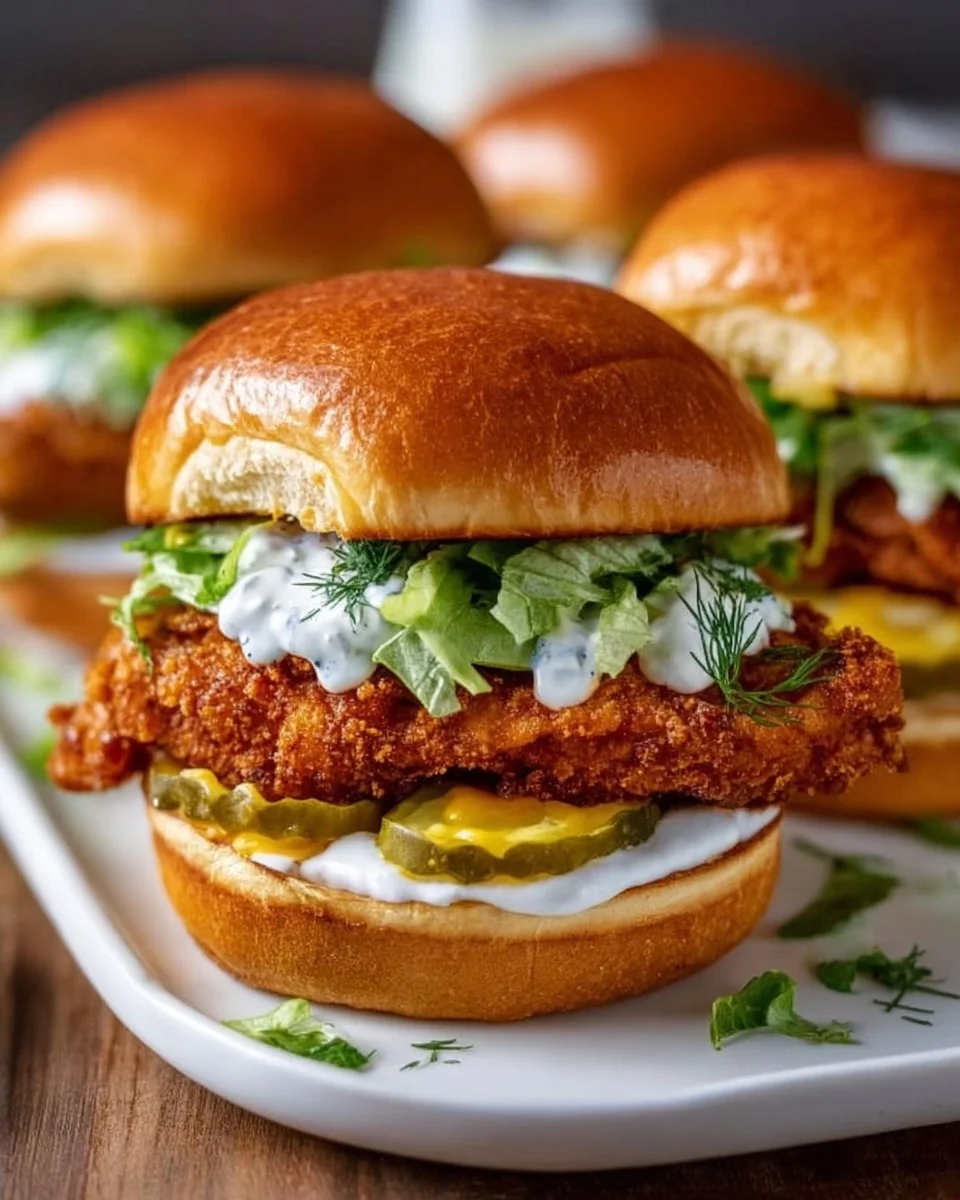 Crispy dill chicken sandwich garnished with fresh herbs and served on a wooden board.