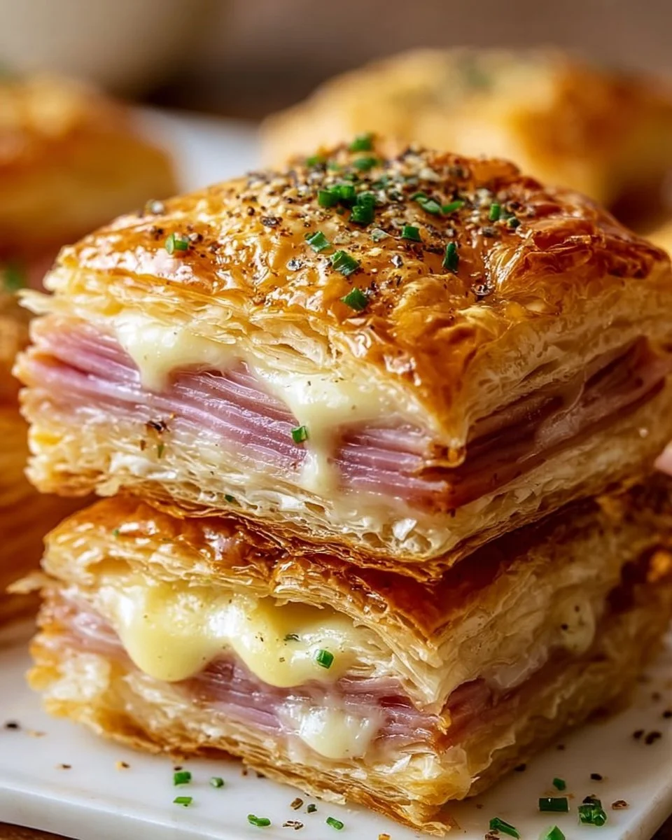 Crispy ham cheese puff pastry stacks garnished and ready to serve