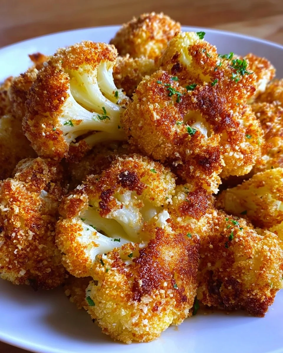 Bowl of crispy Parmesan roasted cauliflower with fresh herbs on a wooden table.