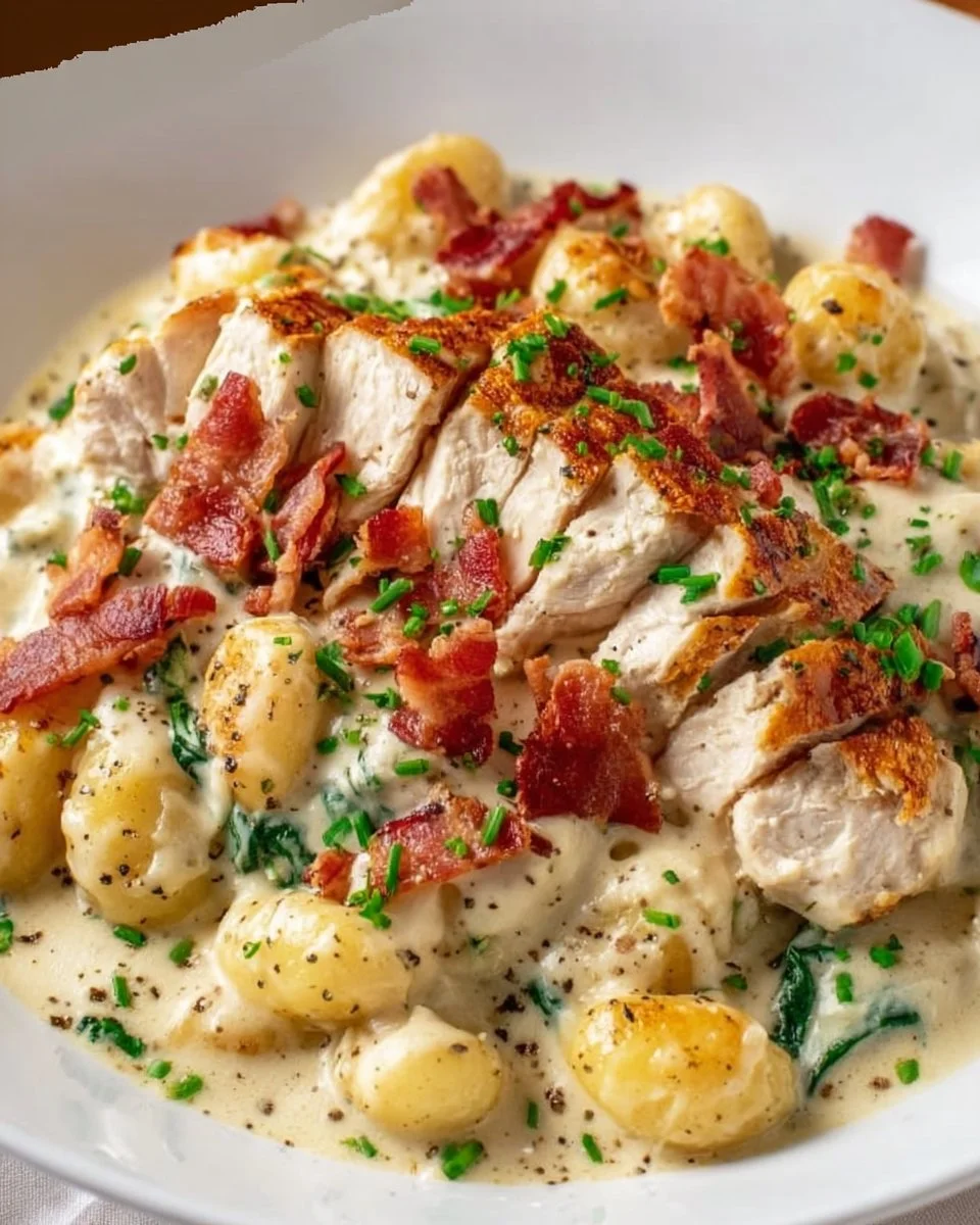 Crockpot Chicken Bacon Ranch Gnocchi served in a bowl with fresh ingredients.