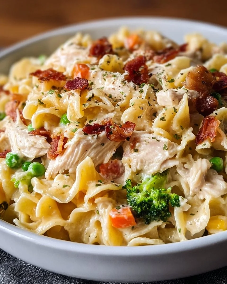 Crockpot chicken noodle casserole served in a bowl with herbs and spices.