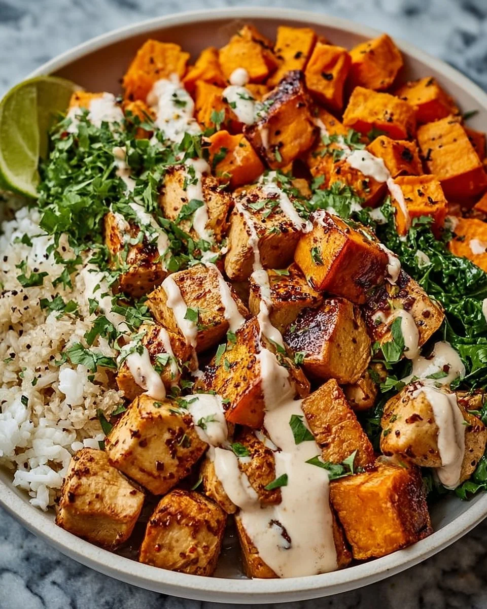 A bowl of chicken and sweet potato with greens and spices, ideal for meal prep