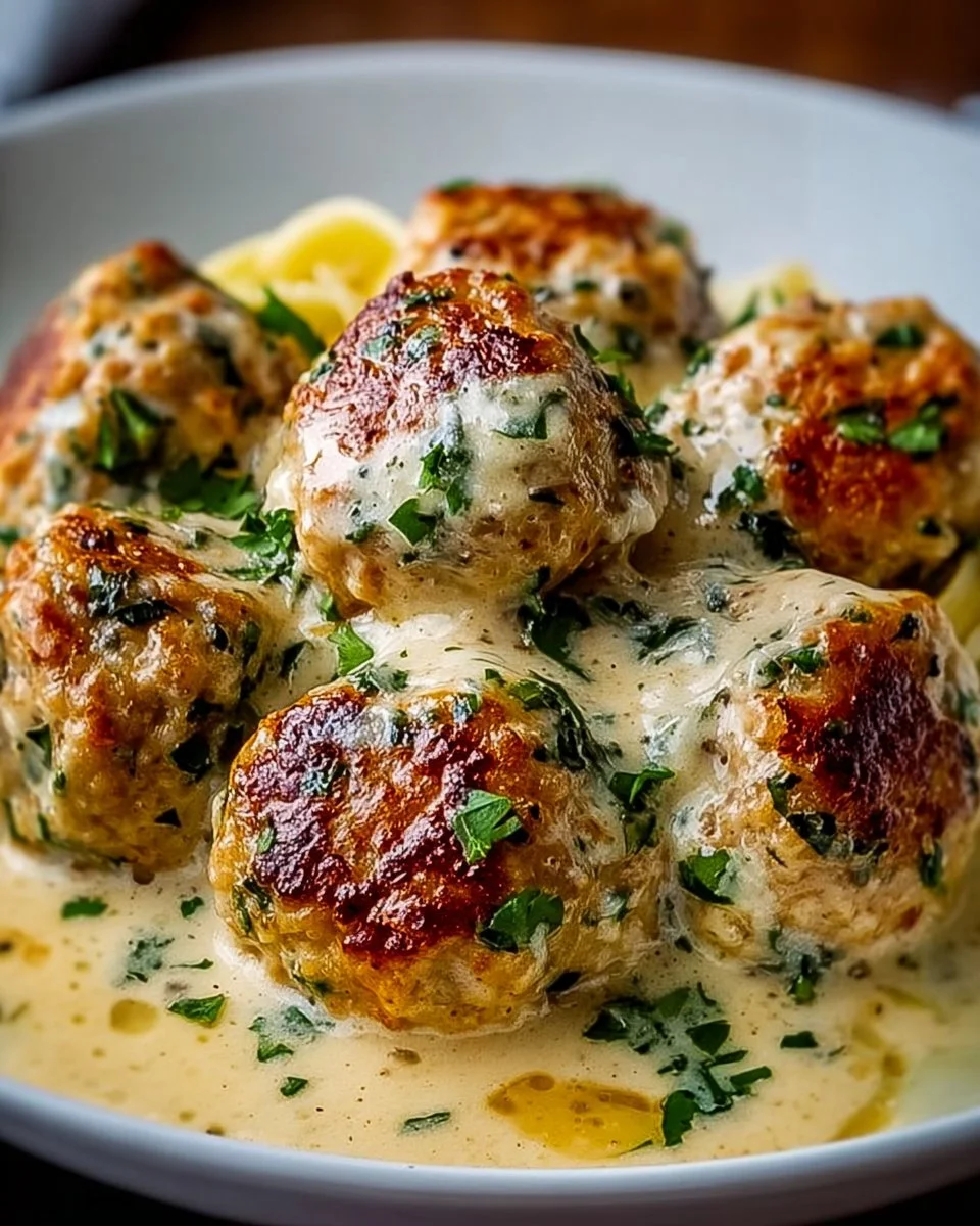 Delicious chicken ricotta meatballs served in Alfredo sauce